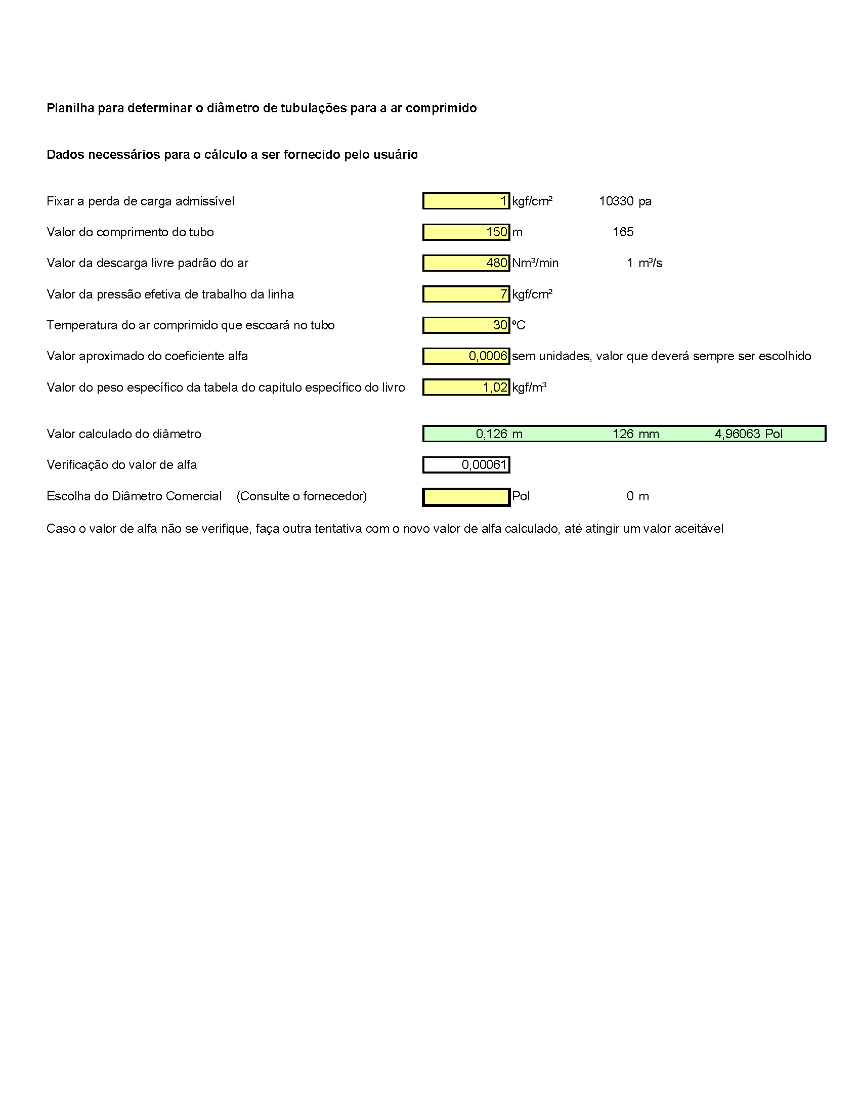 N2 Calculation Spreadsheets: Worksheet for calculating the diameter of compressed air pipes