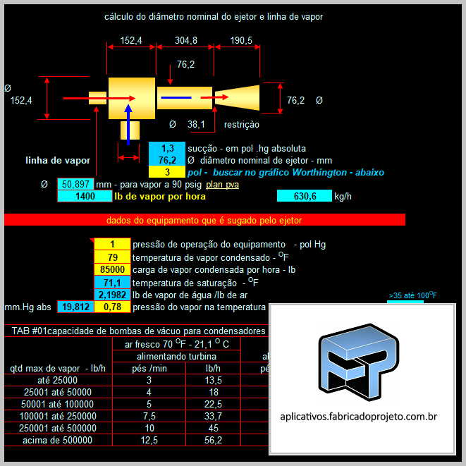 Aplicativos FP N3: Planilha para calculo de diâmetro e ejetores em linha de vapor
