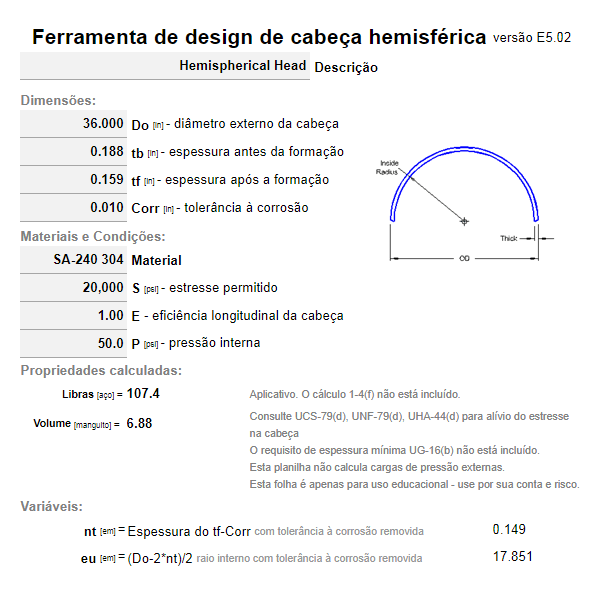 Manufactured ASME hemispherical top sizing project